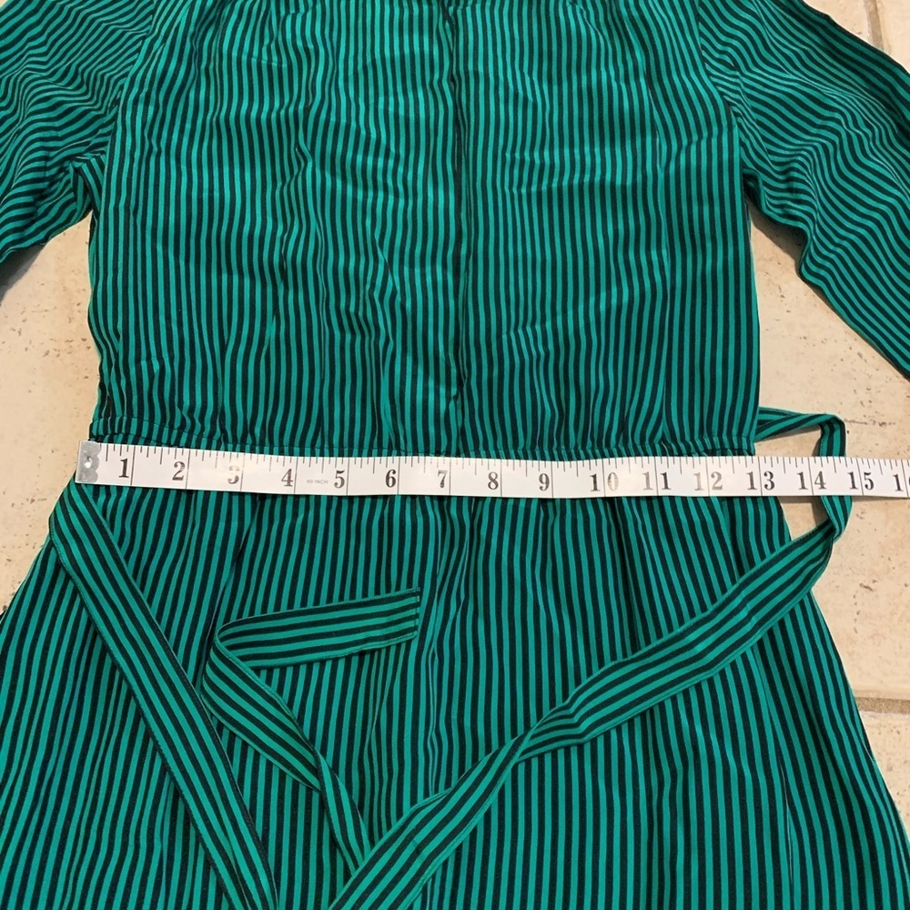 Vintage EATON 100% Silk Teal Black Striped Midi Dress Belted Button-Front Size 7 - Picture 6 of 7